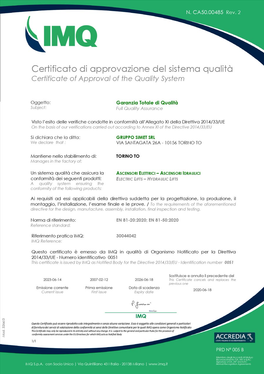 Il certificato di approvazione del sistema qualità secondo la Direttiva 2014/33/UE