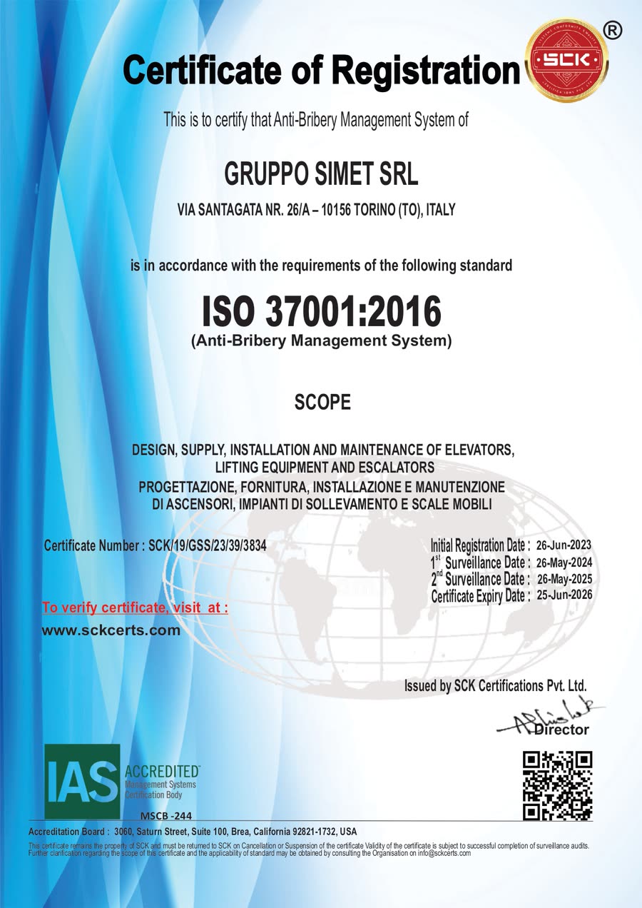 L'attestato ISO 37001:2016 di Gruppo Simet