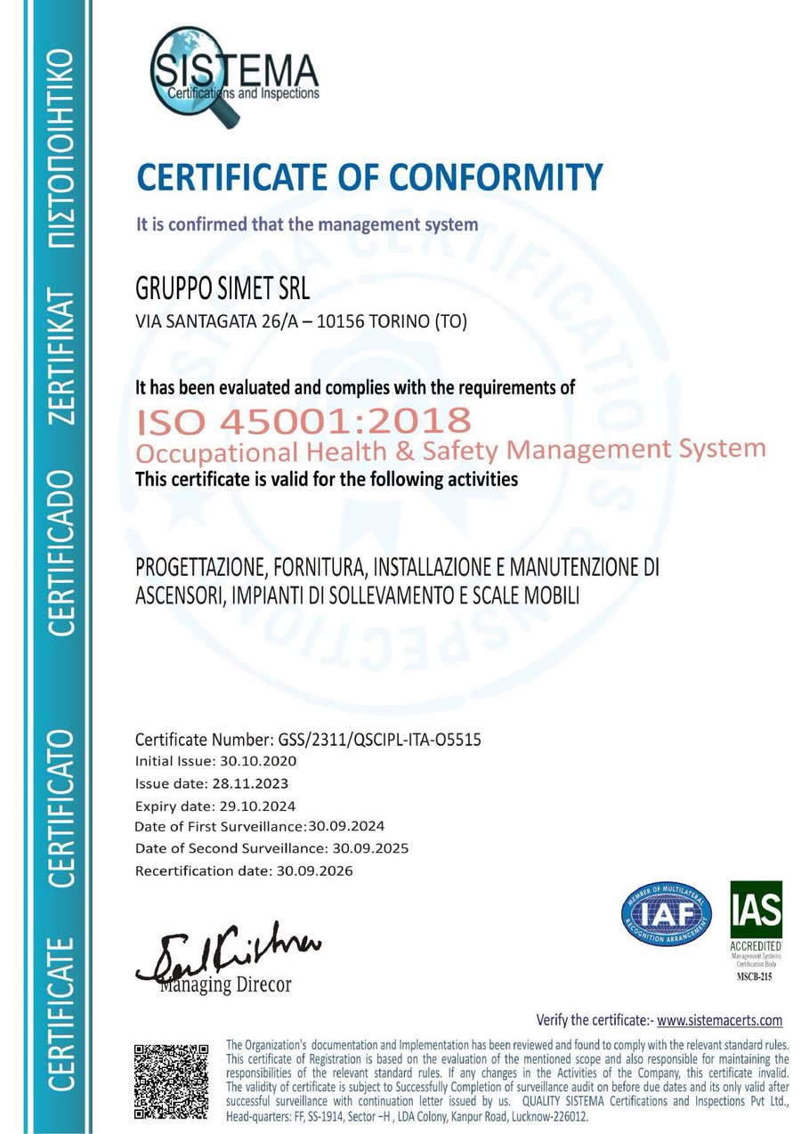 L'attestato ISO 45001:2018 di Gruppo Simet