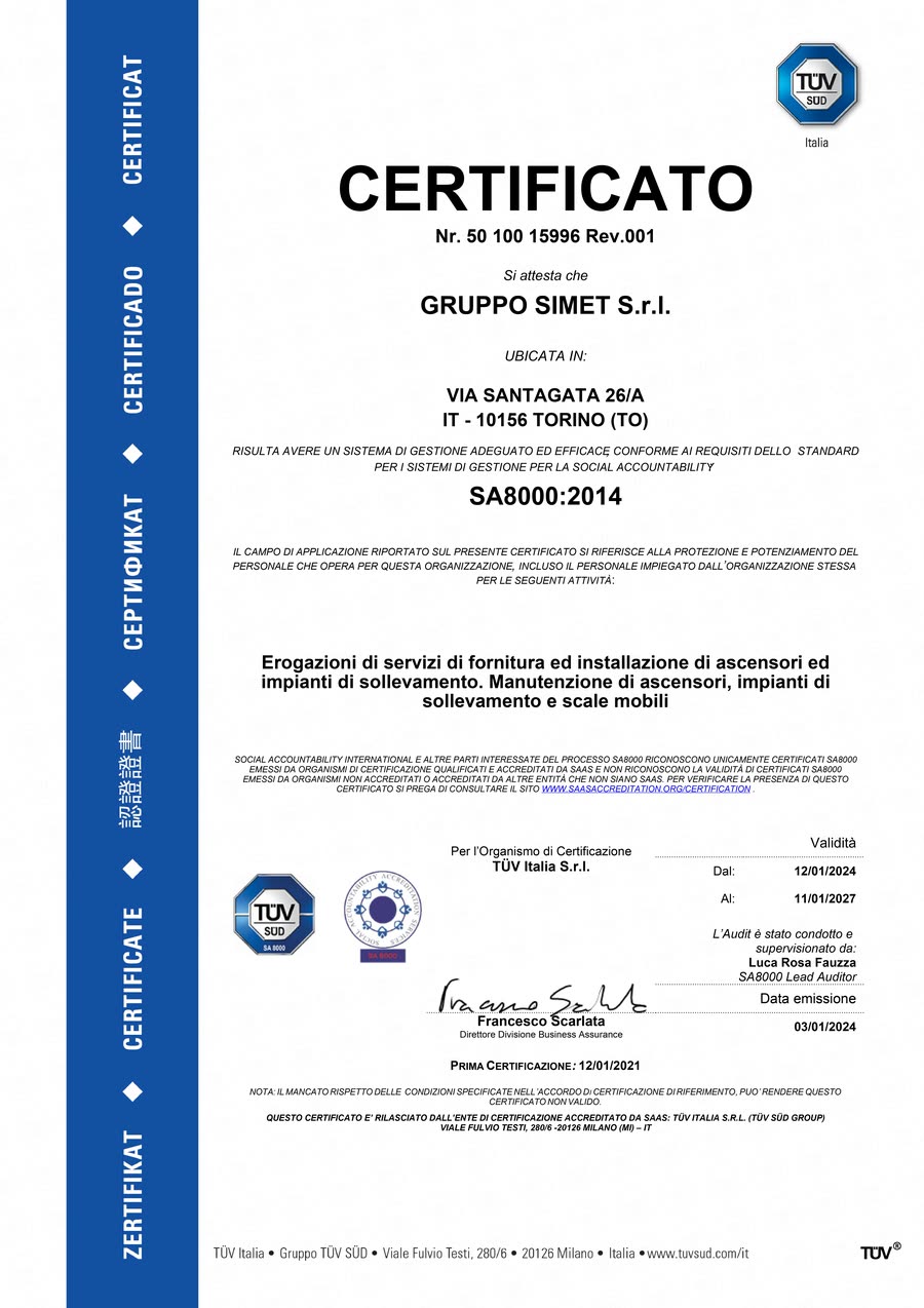 Il certificato SA8000:2014 rilasciato da TÜV Italia