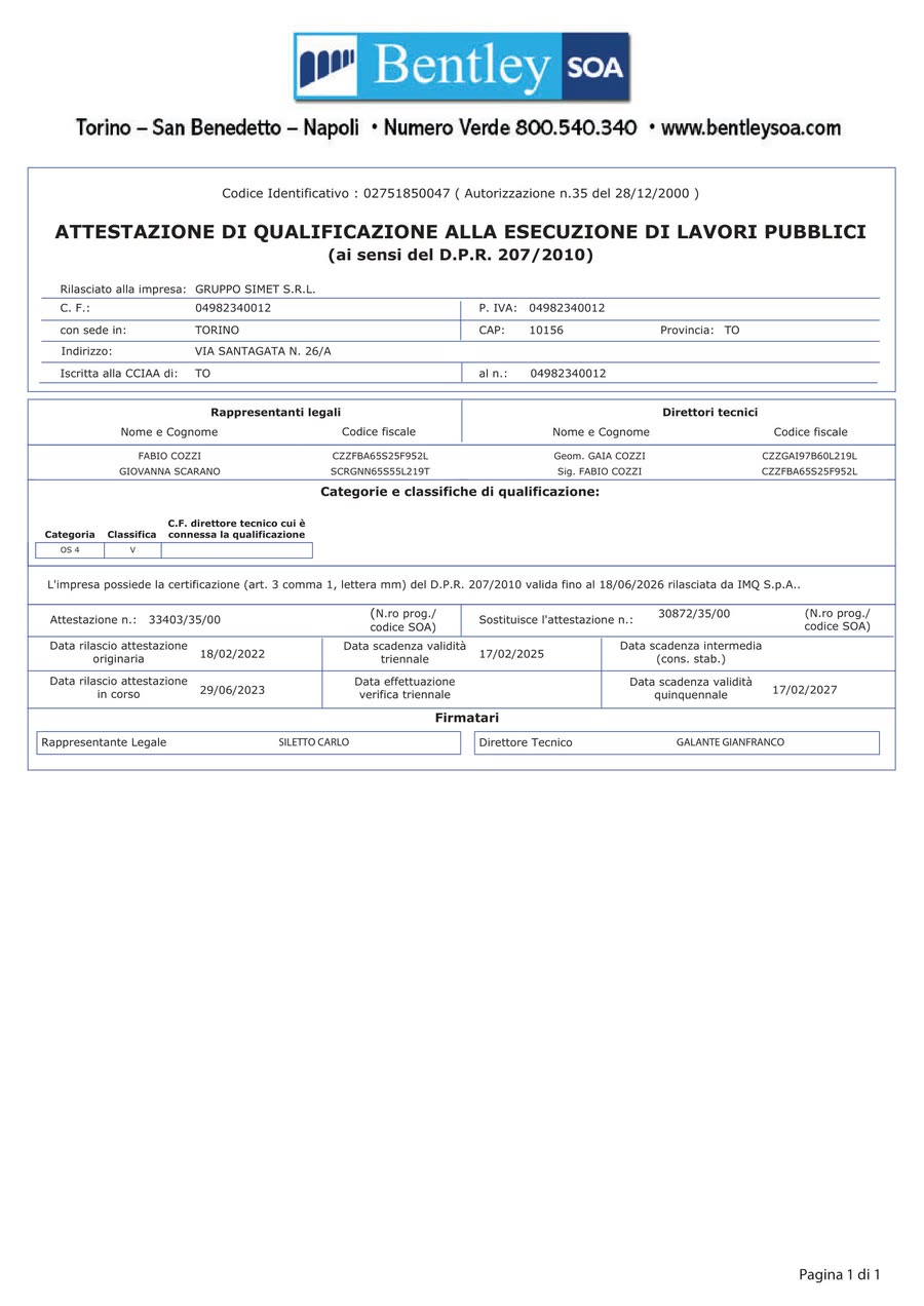 L'attestazione SOA di Gruppo Simet, categoria OS4 classifica V