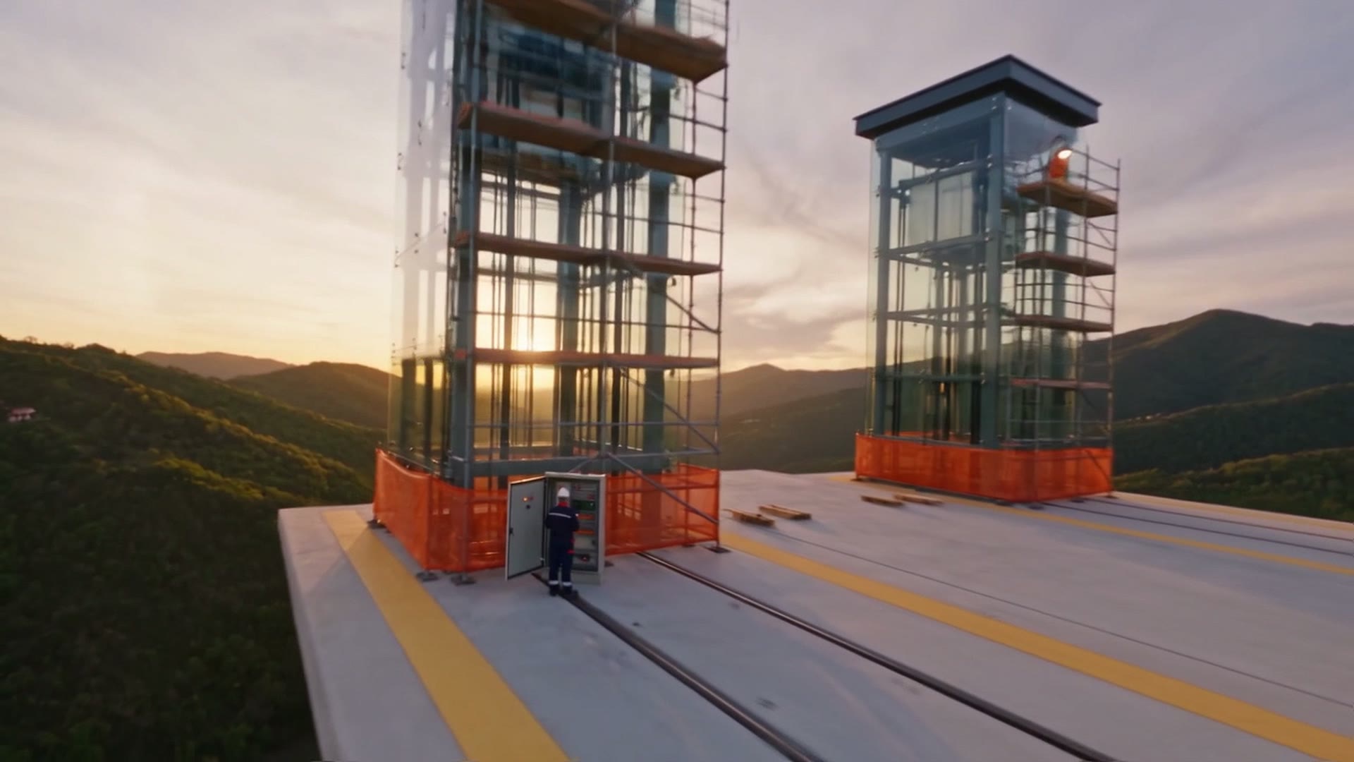I due ascensori panoramici in vetro sul terrazzo al tramonto