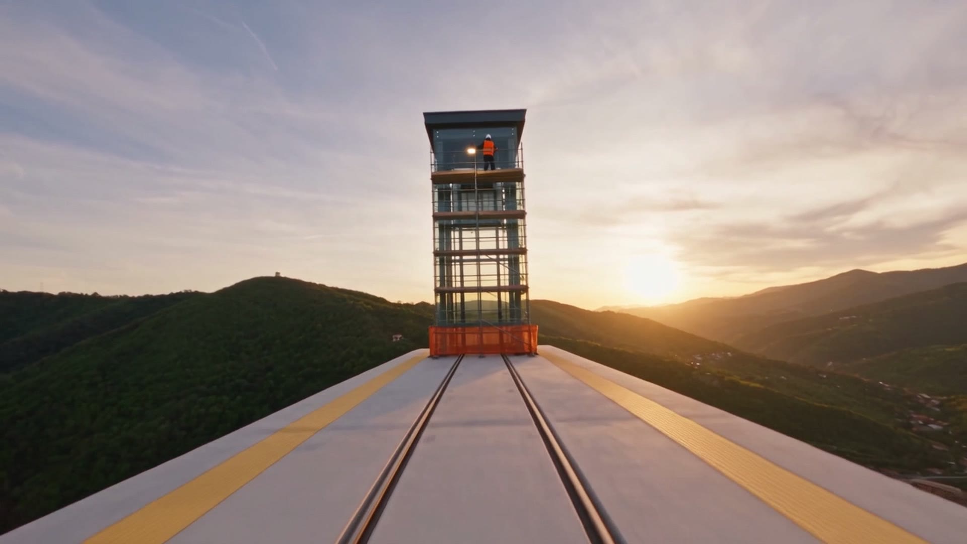 La torre in costruzione con il ponteggio e la rete arancione, un tecnico in cima